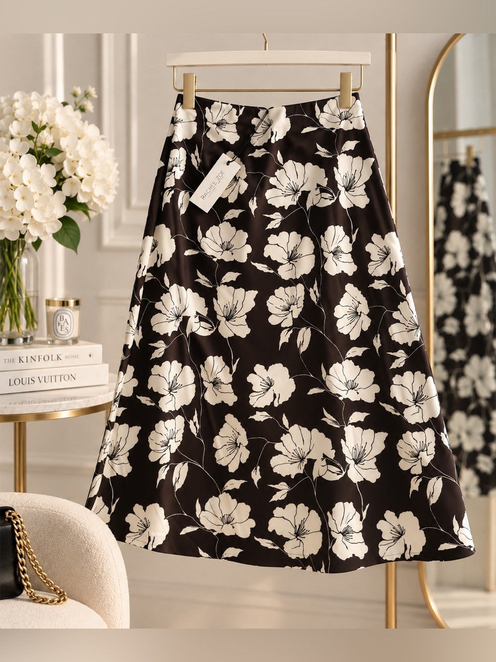 Rachel Zoe Black A-Line Midi Skirt with White Floral Print